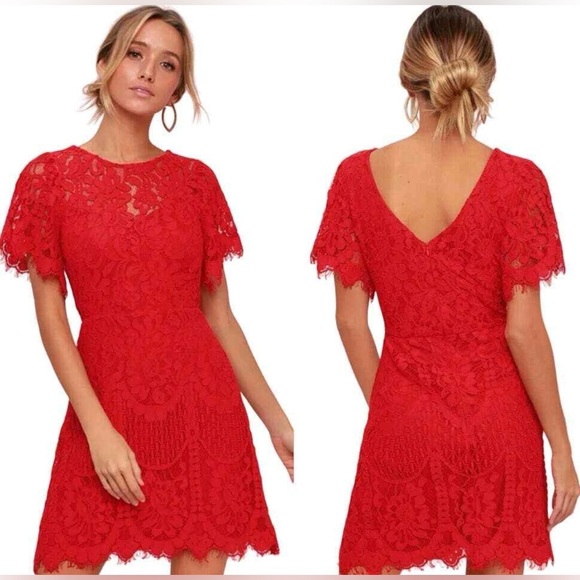 Lulus Dresses & Skirts - Lulus Red Lace Sheath Dress Short Sleeve Scalloped Hem Size M NWT